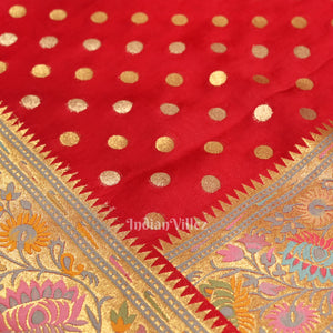 Red Banarasi Silk Saree With Paithani Border and Pallu