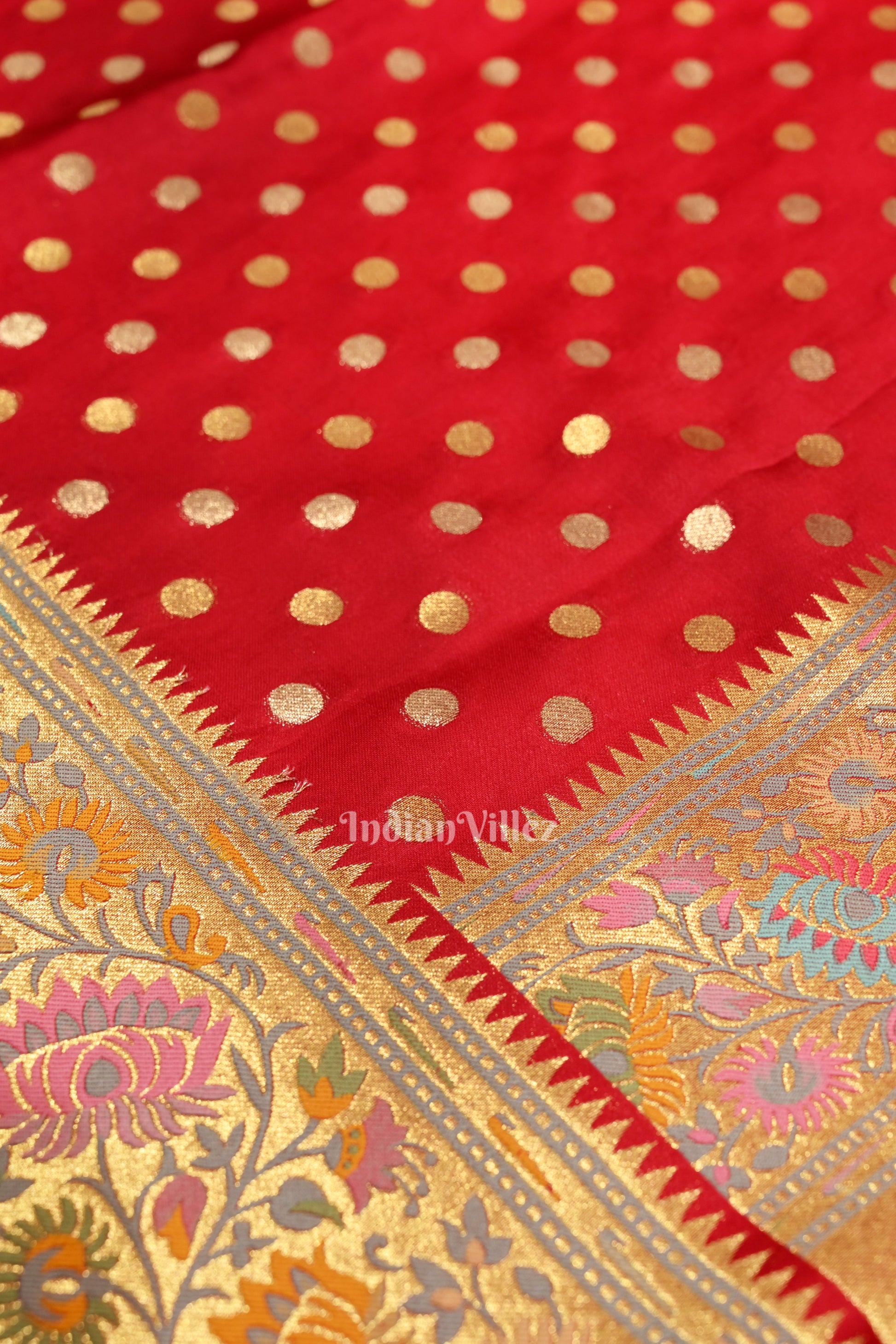 Red Banarasi Silk Saree With Paithani Border and Pallu