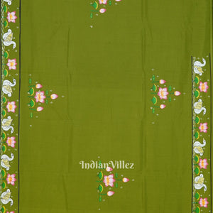 Mehndi Green Krishna Rasa Leela & Lotus Theme Pattachitra Saree