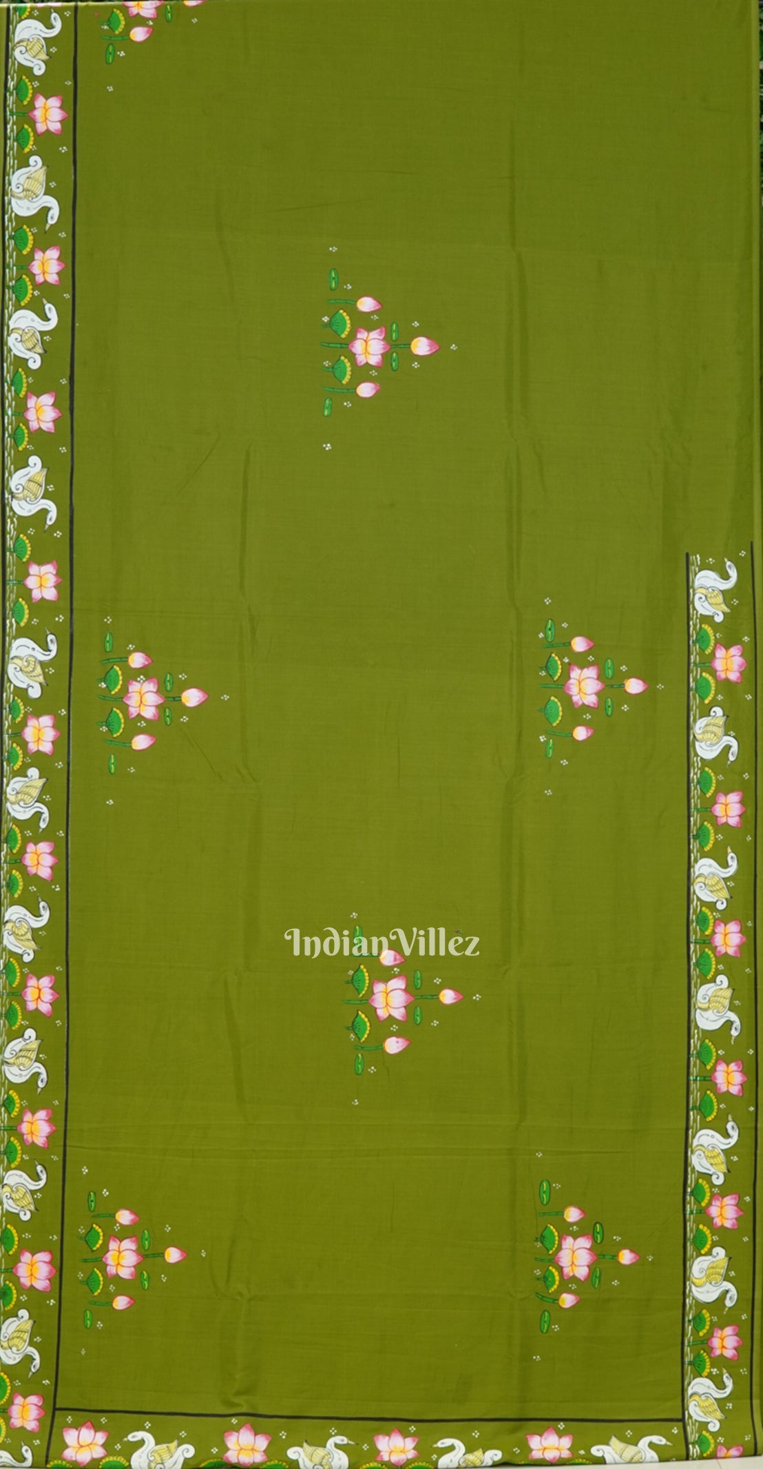 Mehndi Green Krishna Rasa Leela & Lotus Theme Pattachitra Saree