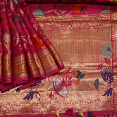 Rani Pink Jamdani Banarasi Kota Silk Saree