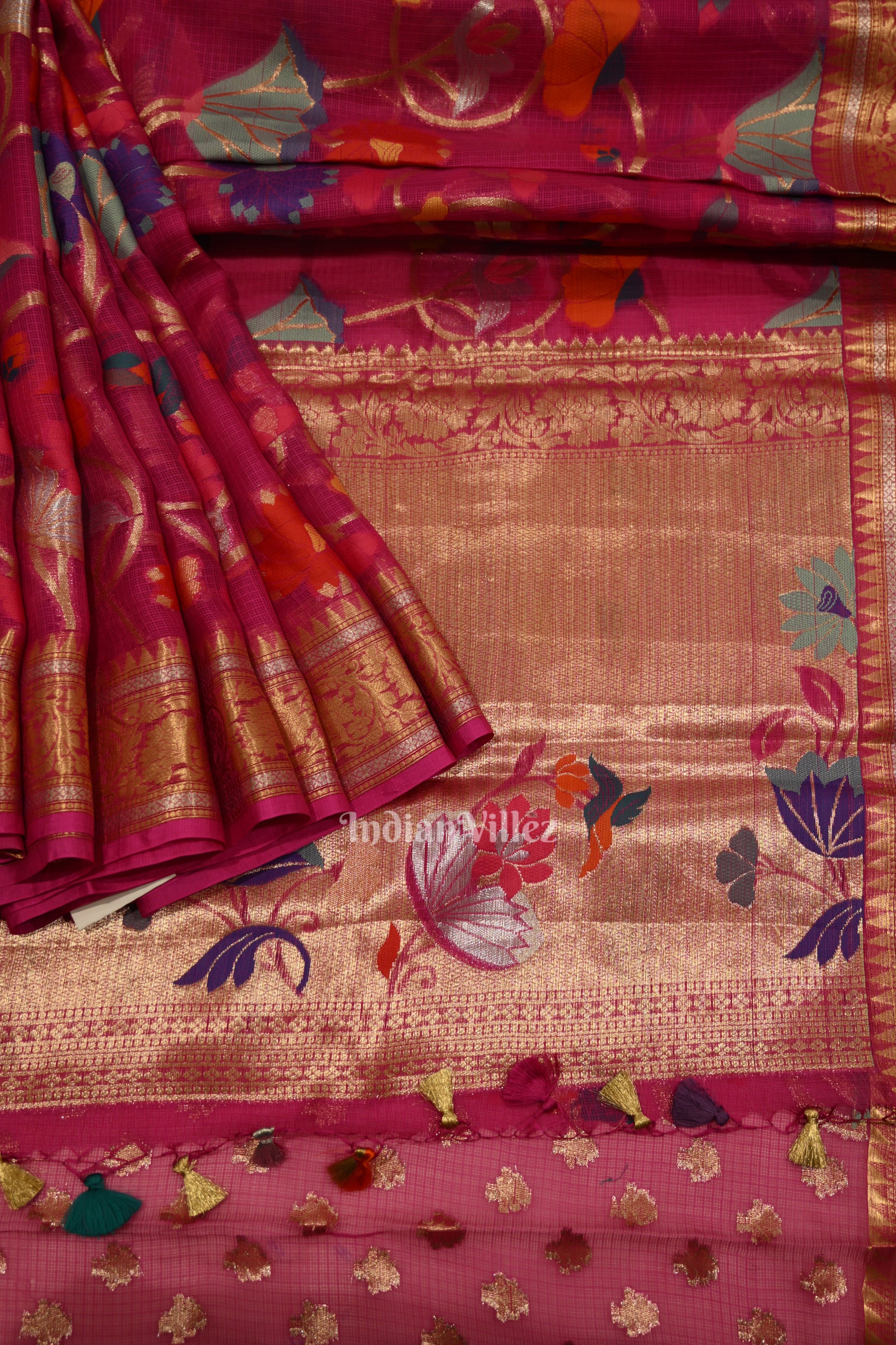 Rani Pink Jamdani Banarasi Kota Silk Saree