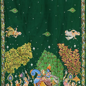 Green with Krishna Radha Theme Hand-Painted Pattachitra Saree