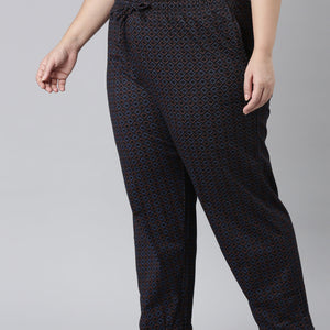Women Printed Black Mid Rise Cotton Knit Lounge Pants