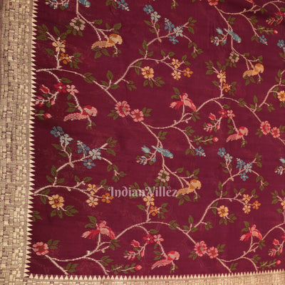 Wine Brocade Tussar Khaddi Georgette Banarasi Saree