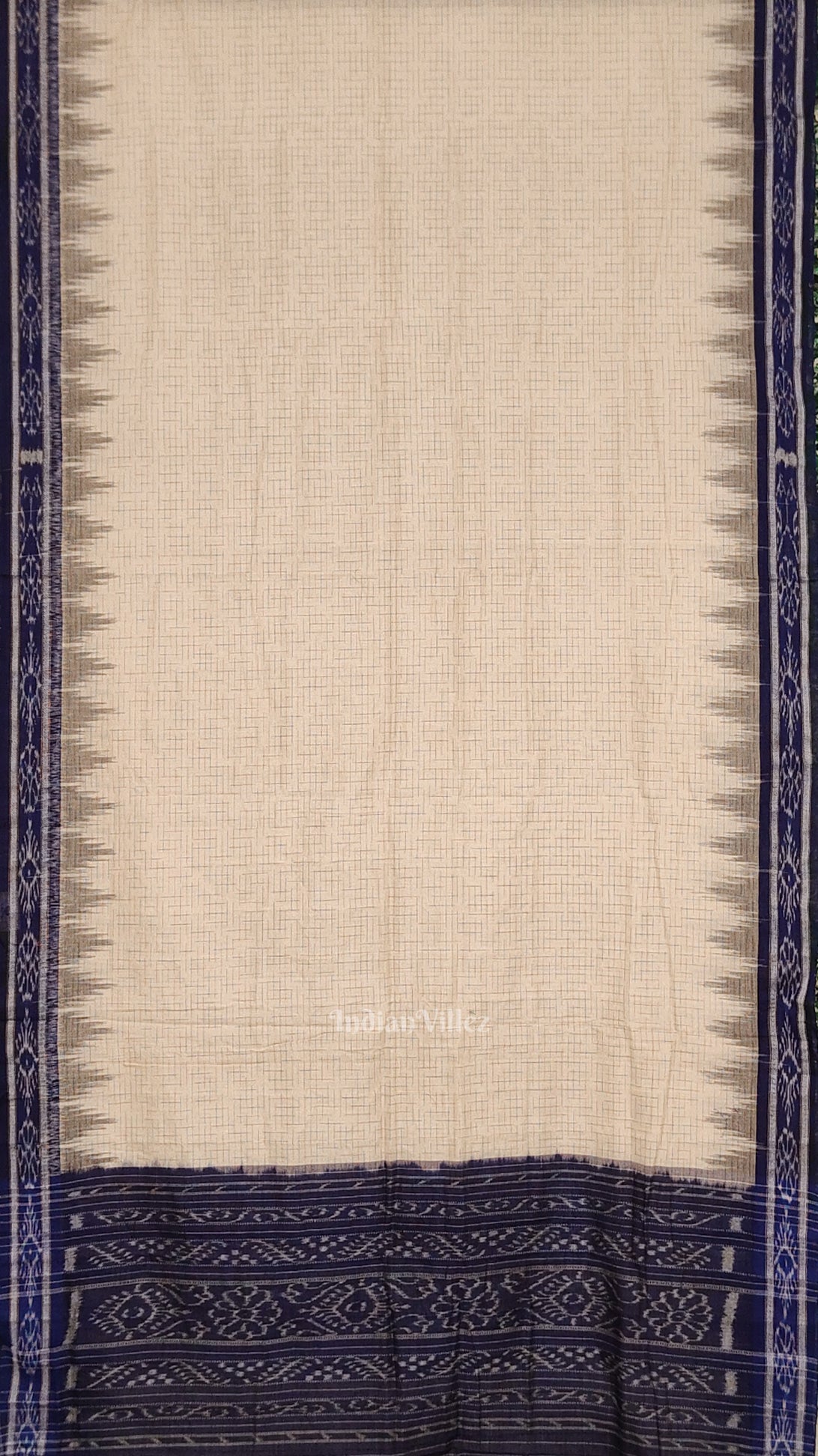 Cream Blue Jharana Maniabandha Cotton Saree