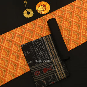 Orange Black Odisha Ikat Sambalpuri Dress Set & Dupatta