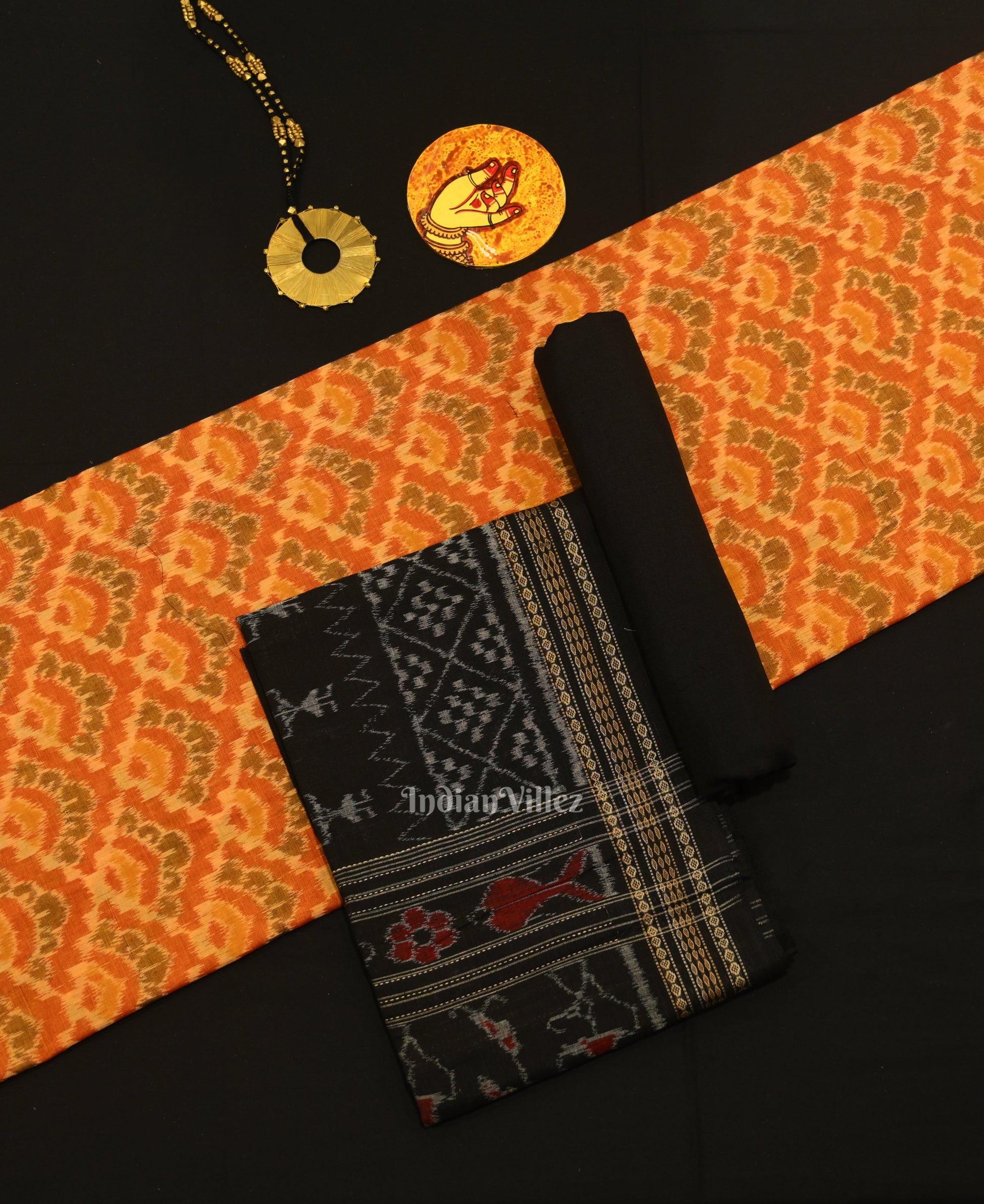 Orange Black Odisha Ikat Sambalpuri Dress Set & Dupatta
