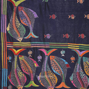 Navy Blue Handwoven Kantha Stitch Silk Saree