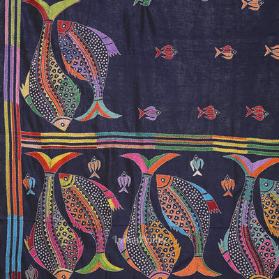 Navy Blue Handwoven Kantha Stitch Silk Saree