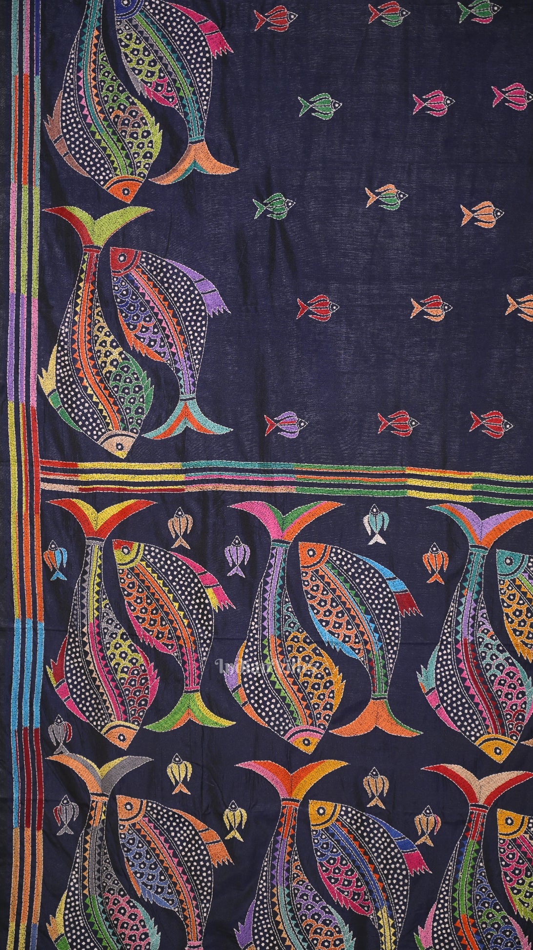 Navy Blue Handwoven Kantha Stitch Silk Saree