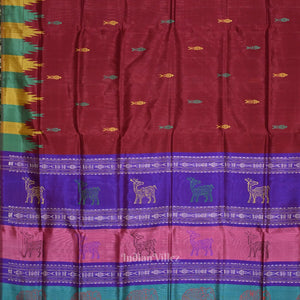 Maroon with Multicolor Double Pallu Phoda Kumbha Fish Motif Berhampuri Silk Saree