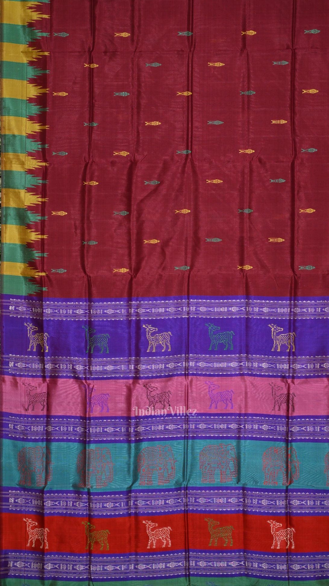 Maroon with Multicolor Double Pallu Phoda Kumbha Fish Motif Berhampuri Silk Saree