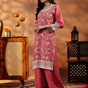 Coral Embroidered Silk Blend Straight Suit With Dupatta