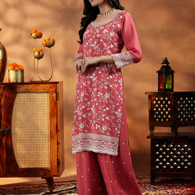 Coral Embroidered Silk Blend Straight Suit With Dupatta