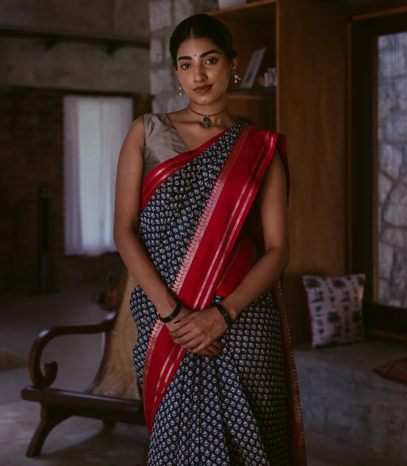 Indo Chanderi Cotton Saree with Screen-printed Floral Motifs in a striking red border