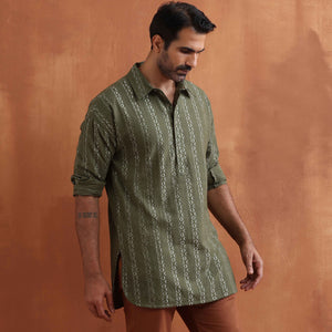 trueBrowns Men's Olive Green Cotton Dobby Short Kurta