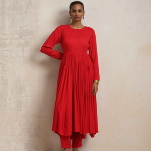 trueBrowns Red Crinkle Anarkali Kurta Pant Dupatta Set
