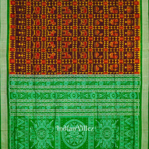 Golden Maroon With Wild Animals Pure Sambalpuri Silk Saree