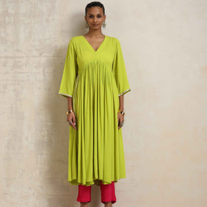 trueBrowns Lime Crinkle Anarkali Flared Kurta Set