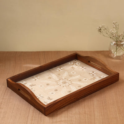 Beige - Chikankari Zari Hand Embroidered Sheesham Wood Tray