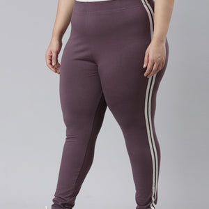 Women Purple Cotton Side Stripe Active Leggings
