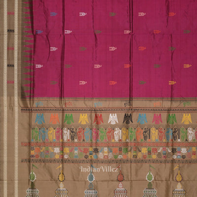 Magenta Pink Shree Mandir Theme Bomkai Sambalpuri Ikat Silk Saree