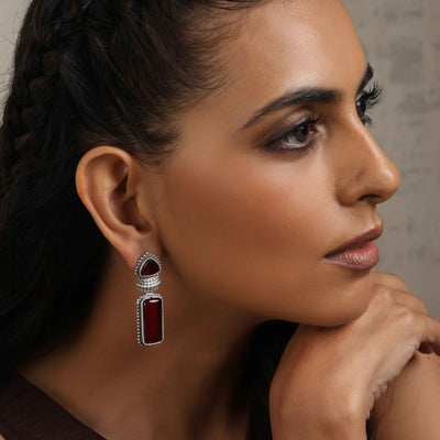trueBrowns Silver tone Red Stone Drop Earrings