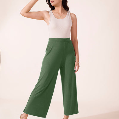 Women Solid Dark Olive Viscose Mid Rise Knit Palazzos