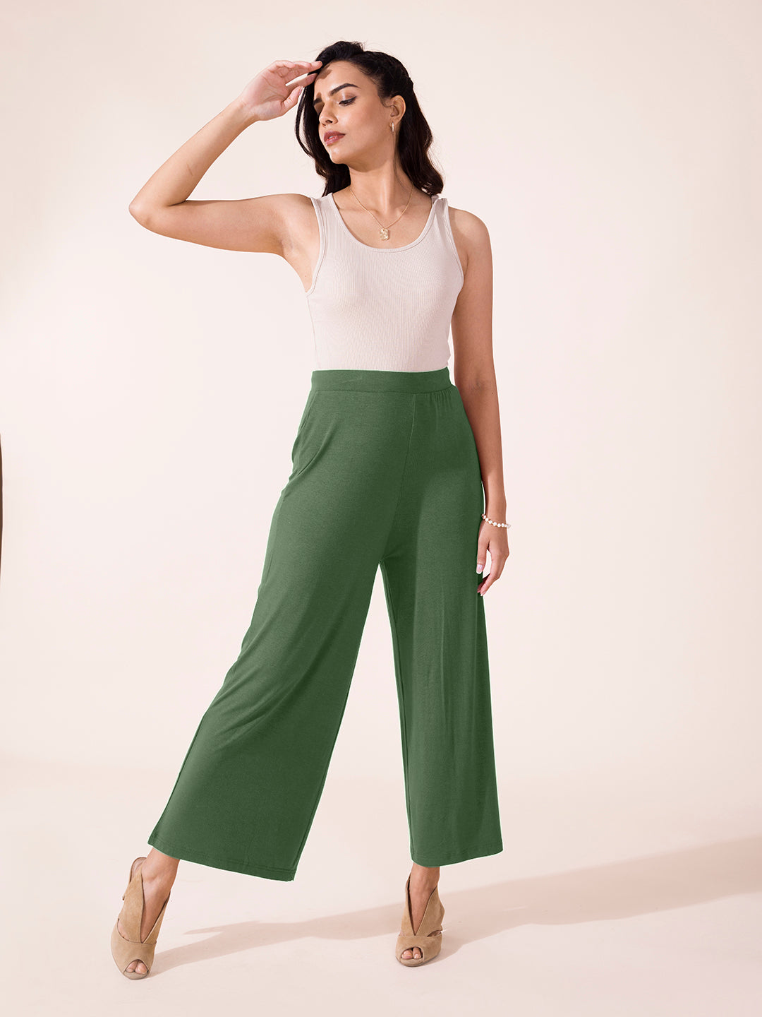 Women Solid Dark Olive Viscose Mid Rise Knit Palazzos