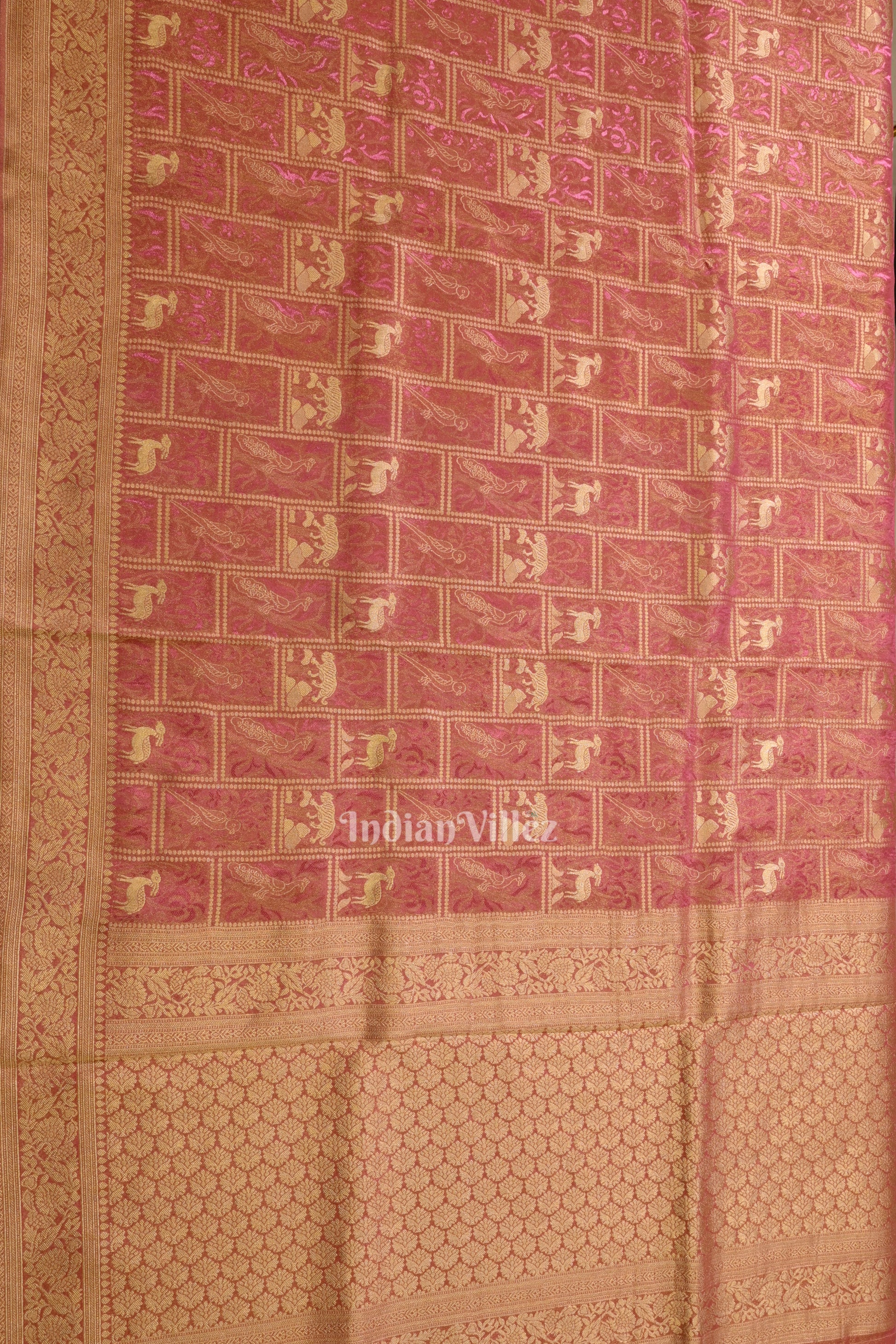 Baby Pink Shikargah Theme Katan Banarasi Tissue Saree