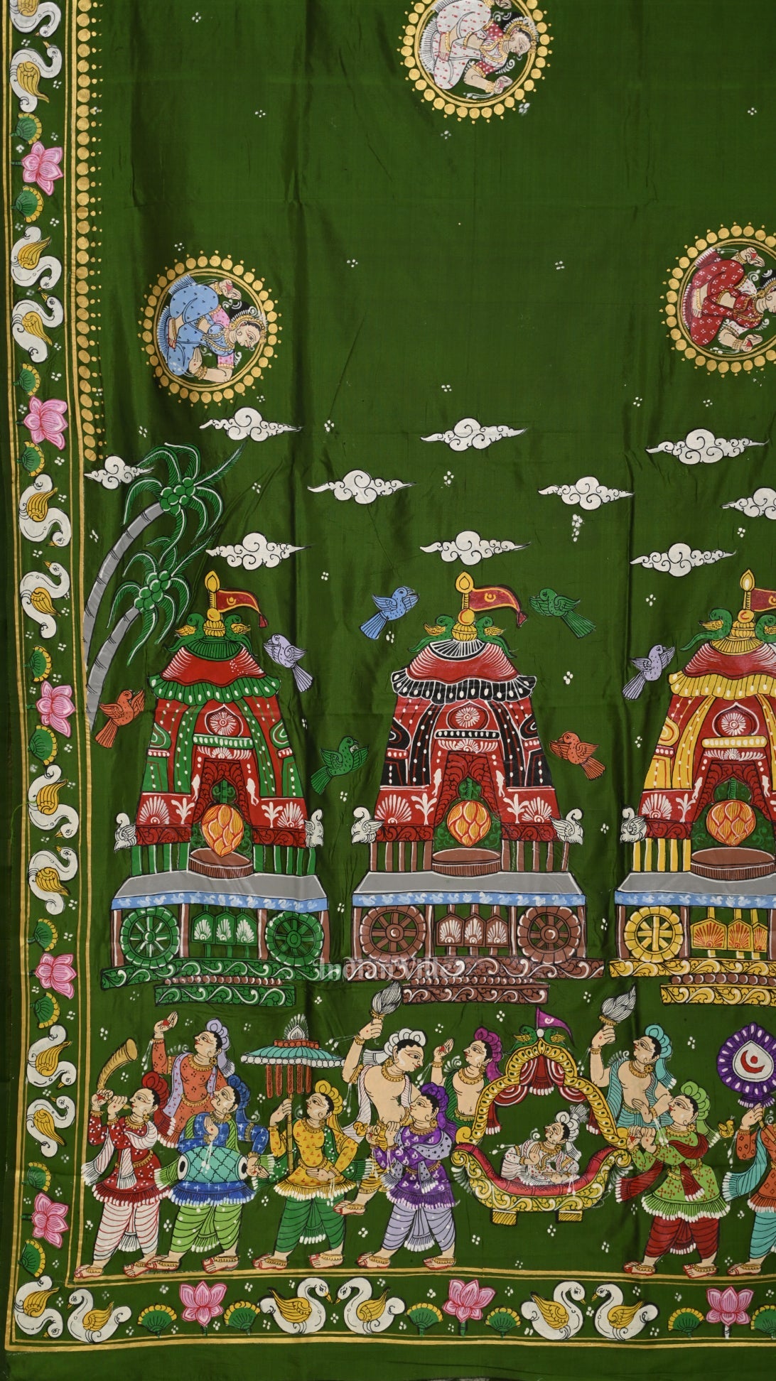 Mehendi Green Shree Jagannath Ratha Yatra Hand-Painted Pattachitra Saree