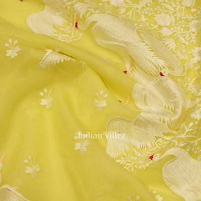Lemon Yellow Parsi Gara Floral Motif Hand Embroidered Saree