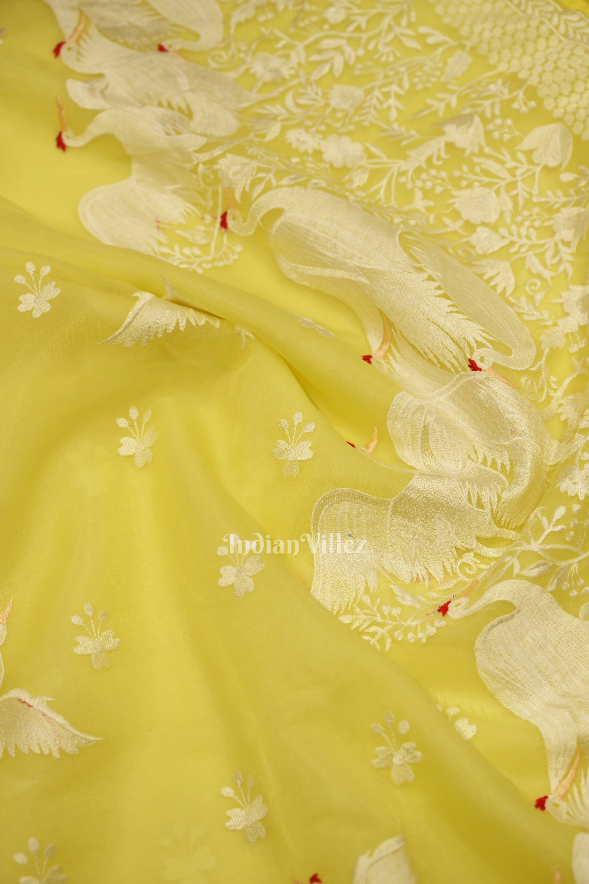 Lemon Yellow Parsi Gara Floral Motif Hand Embroidered Saree