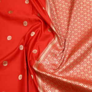 Deep Red Floral Motif Mashru Satin Silk Banarasi Saree
