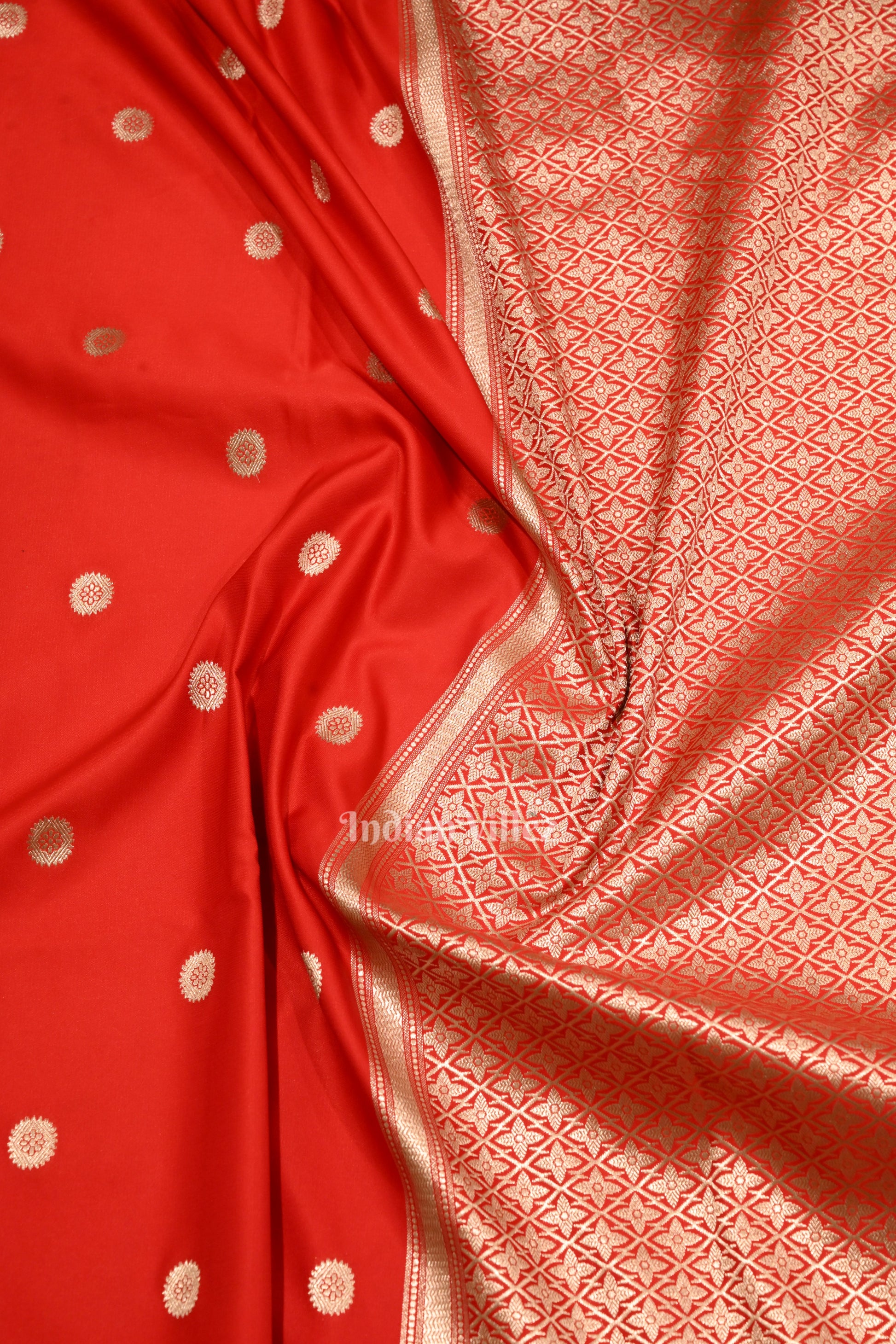 Deep Red Floral Motif Mashru Satin Silk Banarasi Saree