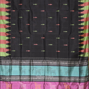 Black with Fish Motif Double Pallu Berhampuri Silk Saree