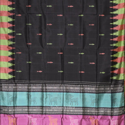 Black with Fish Motif Double Pallu Berhampuri Silk Saree