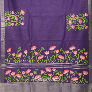 Blue Lotus Theme Hand-Painted Pattachitra Saree