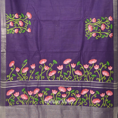 Blue Lotus Theme Hand-Painted Pattachitra Saree