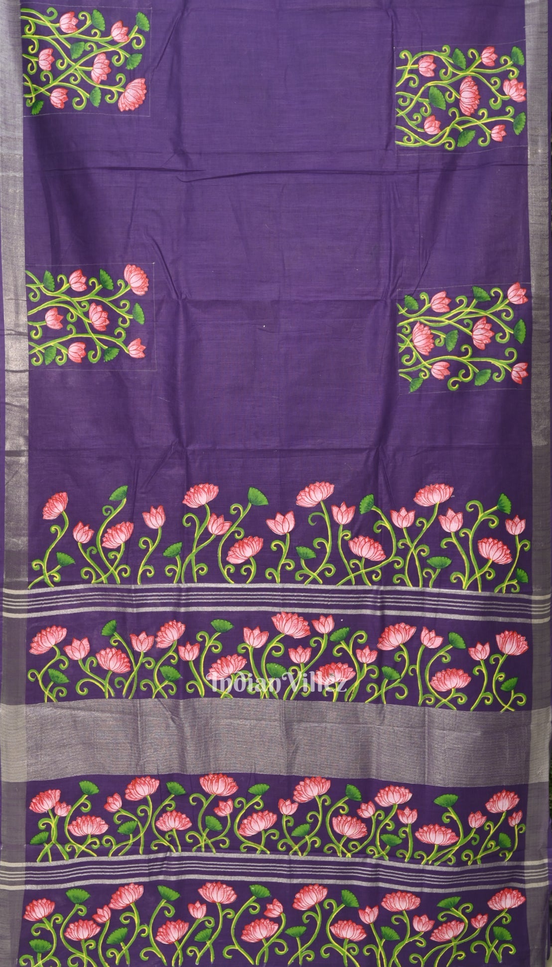 Blue Lotus Theme Hand-Painted Pattachitra Saree