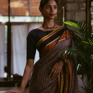 Brown Handloom Silk Cotton Saree With Annam Chakaram Motifs