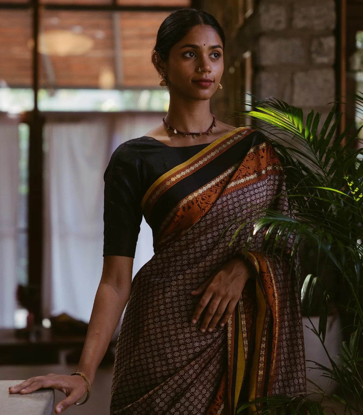 Brown Handloom Silk Cotton Saree With Annam Chakaram Motifs