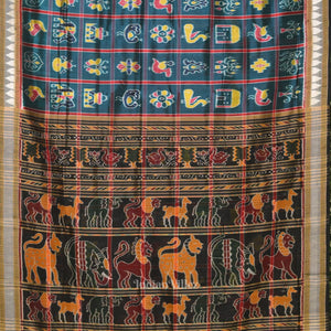 Teal Blue Nabakothi Odisha Ikat Khandua Silk Saree with Jungle Anchal