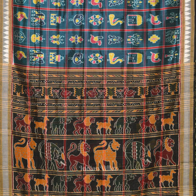 Teal Blue Nabakothi Odisha Ikat Khandua Silk Saree with Jungle Anchal