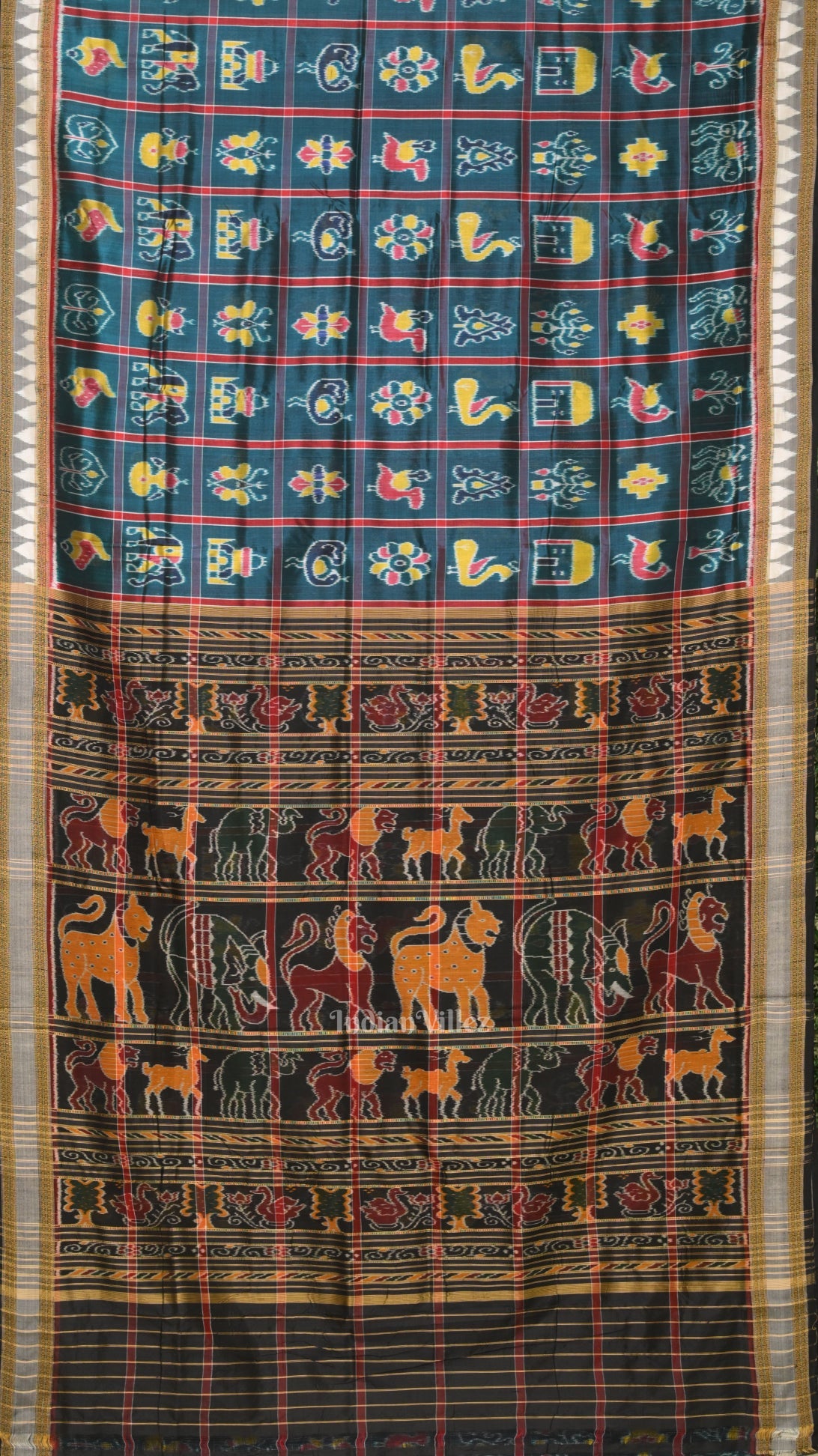Teal Blue Nabakothi Odisha Ikat Khandua Silk Saree with Jungle Anchal