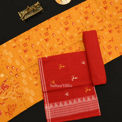 Yellow Red Tribal Design  Sambalpuri Cotton Dress set with Dupatta