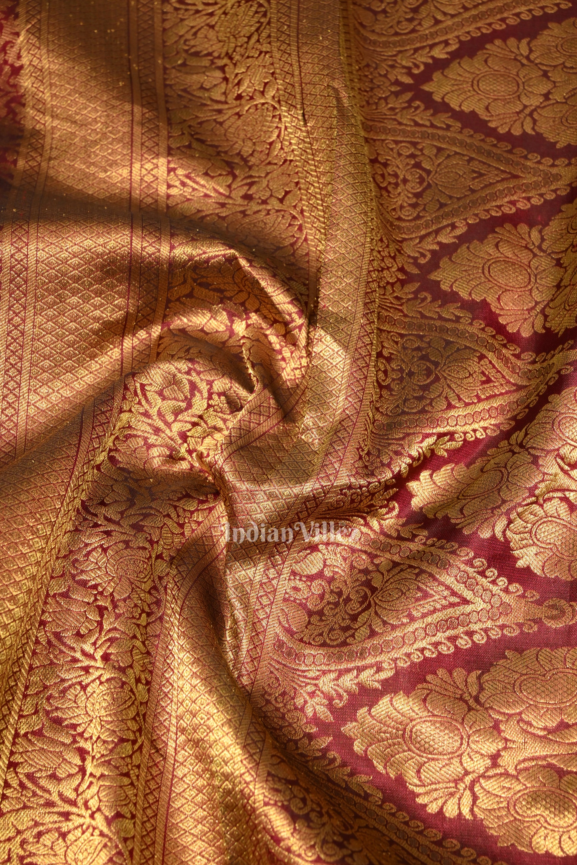 Deep Maroon Pure Brocade with Golden Broder  Bridal Kanjivaram Silk Saree