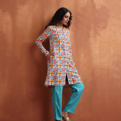 trueBrowns Off White Print Kurta Co-ord Set