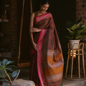 Brown Handloom Kanchi Cotton Saree With Diamond Motifs